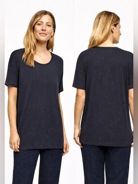 EILEEN FISHER WOMAN 100% Linen Navy Blue U-Neck Short Sleeve Tee Tunic US Sz 3X
